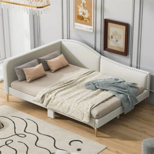 Full Size Upholstered Daybed w/Headboard & Armrest Linen Sofa Bed Frames Beige - Picture 1 of 15