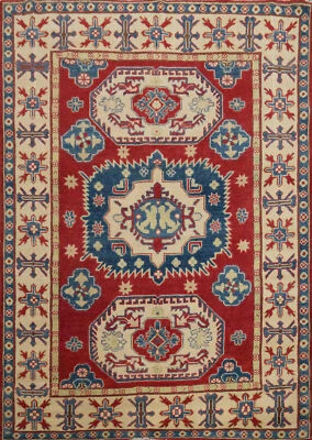 Red/ Ivory Geometric Super Kazak Oriental Wool Hand-knotted Tribal Rug 5x6 - Image 1 of 4