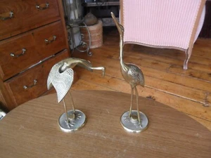 Vintage Brass Crane Stork Egret Heron Bird Statue Figurine Pair Ornaments (2) - Picture 1 of 9