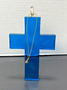 Handblown Hanging Glass Blue Cross~6 inches - Picture 1 of 4