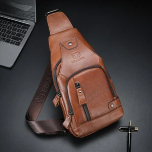 LEBULLBRO Mens Sling Backpack Genuine Leather Chest Bags Crossbody Shoulder Bag - Picture 1 of 18