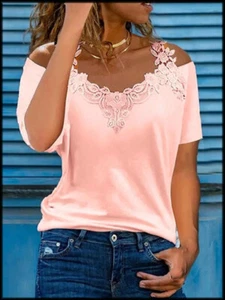 NEW Womens Pink Cold Shoulder Lace T-Shirt Blouse Tunic M L XXL - Picture 1 of 6