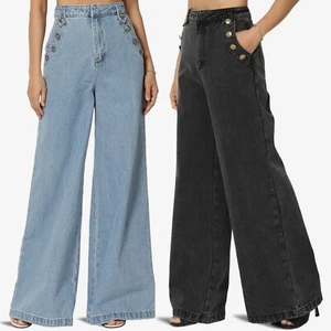 TheMogan Women's Vintage High Waist Button Deco Wide Leg Jeans Retro Flare Denim - Picture 1 of 20
