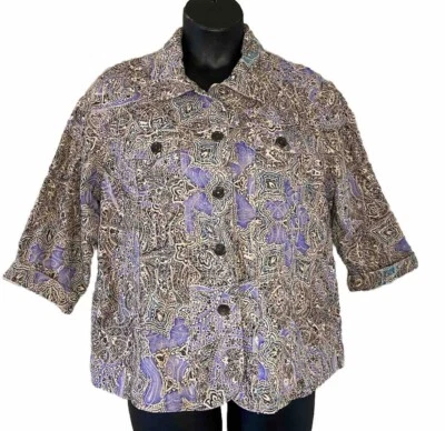 Chaqueta Analogía Mujer Talla 1X Abotonada Violeta Tostado Bordada Manga 3/4 Usada en Excelente Condición Foto 1 de 4