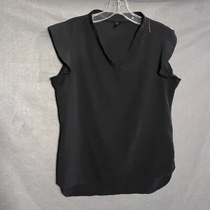 shein top medium m black vneck chiffon light sheer thin ruffled solid s28 - Picture 1 of 11