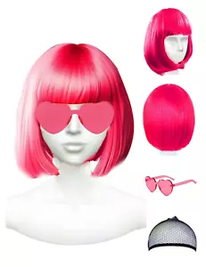 Wig and Party Sunglasses, Hot Pink Wigs for Women, Neon Bright Dark Pink Wig wit - Picture 1 of 11