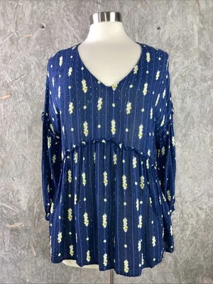 Charming Charlie Size L Blue Stripe Floral Babydoll V Neck Pullover Top Y2K - Image 1 of 4