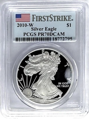 2010 W PROOF SILVER EAGLE FIRST STRIKE PCGS PR70 FLAG BLUE LABEL SPOTS - Image 1 of 2