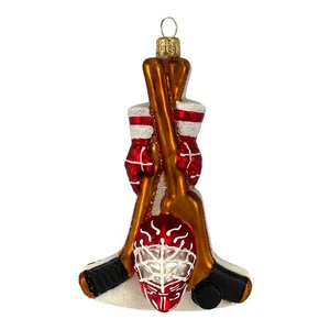Hockey Sports Equipment Polish Blown Glass Christmas Tree Ornament 5 Inch New - Picture 1 of 8