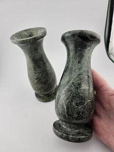 Pair Green Marble Stone Candlesticks 6" Vintage Taper Candle Holder Vases - Picture 1 of 9