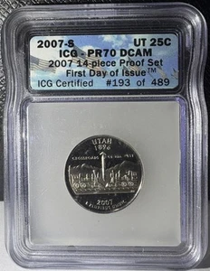 2007-S Utah Proof Quarter ICG PR70 DCAM First Day Of Issue 193 Of 489 - Picture 1 of 2