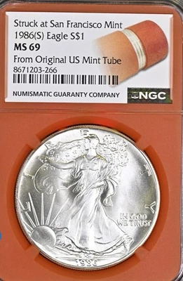 1986-S $1 Silver Eagle MS69 From Original US Mint Tube - Struck at SanFran Mint - Image 1 of 2
