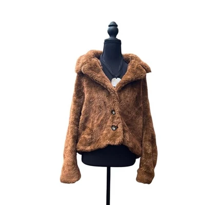 Free People Brown Faux Fur Teddy Coat Jacket Collared Button Front Size M - Image 1 of 4