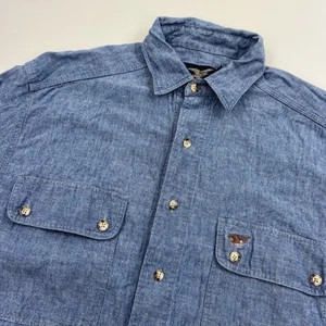 Camicia Willis & Geiger blu chambray denim ricamo aquila manica lunga USA small - Foto 1 di 8