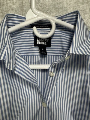 Lands’ End blue & white stripe 3/4 sleeve button up shirt top Women’s size 6 - Image 1 of 4