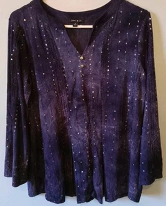 Sami & Jo Navy Blue Tie Dye Embroidered Sequins Beaded Front Top Size Small - Picture 1 of 3
