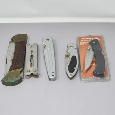 Juego de 4 cuchillos de bolsillo y multiherramienta de acero inoxidable y asas de madera Foto 1 de 4