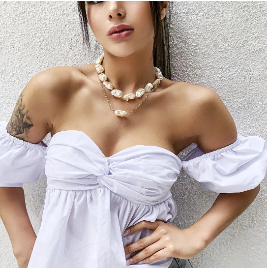 Collar de perlas gruesas, collar de perlas grandes de cadena dorada, collares boho de perlas Foto 1 de 4