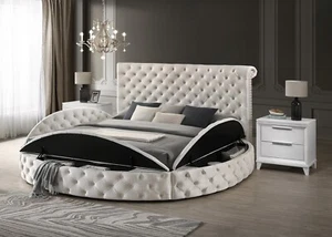 3pc Glam Queen Tufted Headboard Upholstered Storage Bed 2x Nightstand Set Ivory - Picture 1 of 10