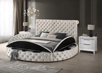 3pc Glam Queen Tufted Headboard Upholstered Storage Bed 2x Nightstand Set Ivory - Image 1 of 4