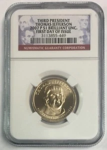 2007 P $1 Thomas Jefferson Presidential Dollar First Day Issue BU NGC SKU#6151 - Picture 1 of 2