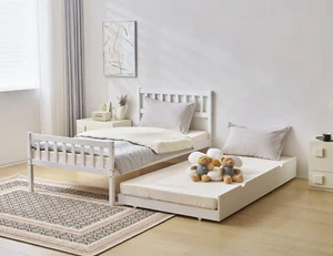 Twin Size Wood Trundle Bed Frame Wooden Slat Support Platform With Headboard - Picture 1 of 20