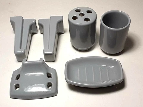 Vintage Grey Porcelain Soap Dish Toothbrush Holder Cup Bathroom Fixture Set Cover
