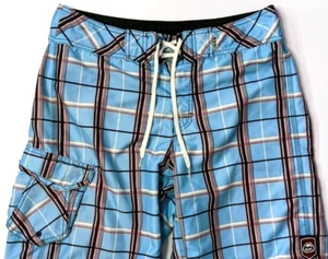 Billabong Swim Trunks Mens 34 Unlined Board Shorts Blue Brown Plaid Pocket Logo - Picture 1 of 9