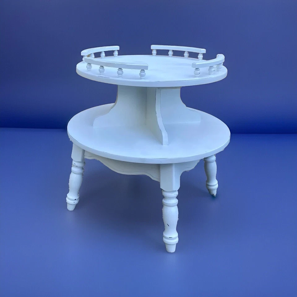 Винтажный белый двухъярусный круглый торцевой стол / приставной столик состаренный отремонтированный - Изображение 1 из 4