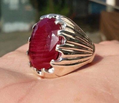 Solid 925 Sterling Silver Natural Ruby Corundum Cut Gemstone Signet Men's Ring - Image 1 of 4