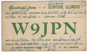 1951 QSL Card; Clinton, Illinois (Decatur); W9JPN; ill Cochran; w/1 cent stamp - Picture 1 of 2