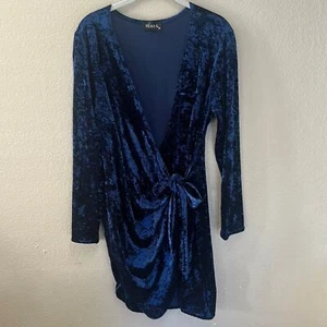 Club L Blue Crushed Velvet Long Sleeve Wrap Mini Dress Size 18 - Picture 1 of 10