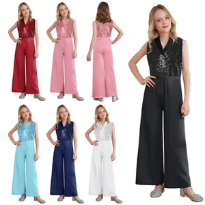 Girl Sequin Lapel Jumpsuit Sparkly Casual Wide Leg Pants Romper Trendy Outfit - Picture 1 of 56