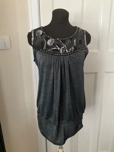 DOROTHY PERKINS SCHWARZ GLITZER ÄRMELLOSES TOP MIT PERLEN GRÖSSE 14 WEIHNACHTEN - Bild 1 von 6