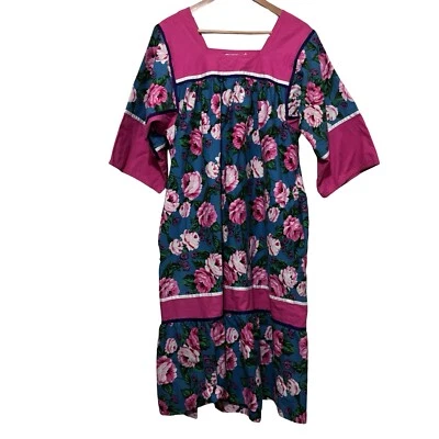 Vestido Vintage Krist Gudnason Caftán Floral Talla XL Rosas Rosa Azul  Foto 1 de 4