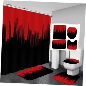 4 Pcs and Black Shower Curtain Sets Non-Slip Rugs Bath Mat Toilet Cover, U Red - Picture 1 of 8