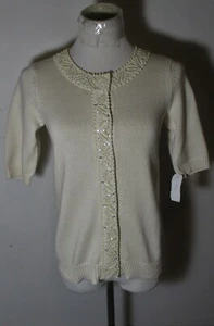 Women's ISSAC MIZRAHI Beige Snap Button Beaded Cardigan Sweater Size XXS NWT - Picture 1 of 6