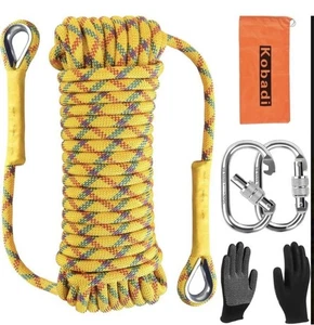 Yellow Climbing Rope 8mm, 10 m (32 ft) with 2 Steel Hooks & Gloves BRAND NEW - Picture 1 of 5