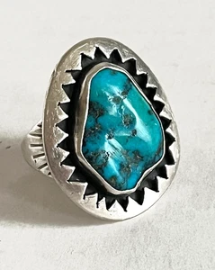 Vintage signierter Navajo großer schwerer Sterlingsilber Türkis Größe 13 Ring, 18,1 Gramm - Bild 1 von 7