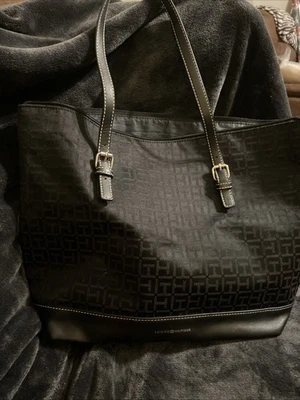 Tommy Hilfiger Large Black Canvas with Leather Trim Tote Shoulder Bag Purse - Image 1 of 4