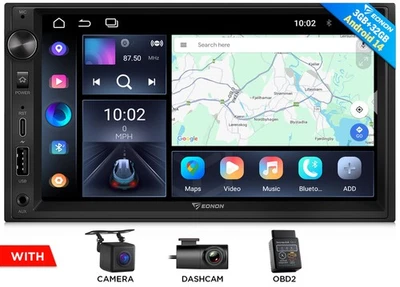 CAM+OBD+DVR+7" Android 14 Double 2 Din Car Stereo GPS Navigator CarPlay FM Radio - Image 1 of 4