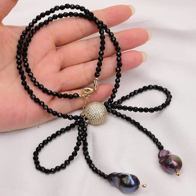 Collar Gargantilla Bola Circón Ágata Ónix Negro Natural Colgante Perla Barroca Negra Foto 1 de 4