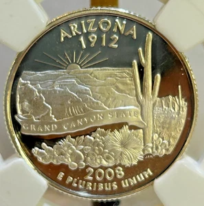 2008-S Silver Arizona, Washington Quarter PF70 UC by NGC, Beautiful White Coin - Picture 1 of 4