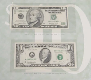 1995 & 1999 $10 PREMIUM HISTORICAL PORTFOLIO NOTES IN BEP FOLDER, High & Low S/N - Picture 1 of 4