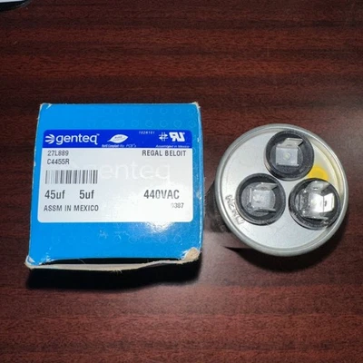 Genteq Round Dual Run Capacitor 27L889 C4455R 45uf 5uf 440 VAC - Image 1 of 3