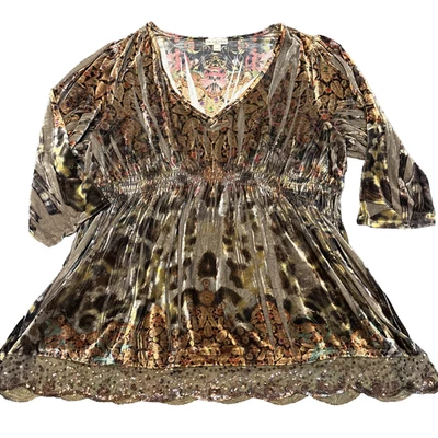 Live And Let Live Babydoll Boho Top 3X Camisa Mujer Marrón Terciopelo Cintura Imperio Foto 1 de 4
