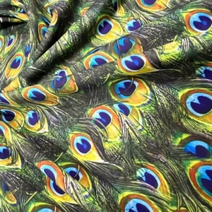 Stretch Fabric Peacock Feathers Print Spandex by Yard for Swimwear Dancewear - Picture 1 of 7