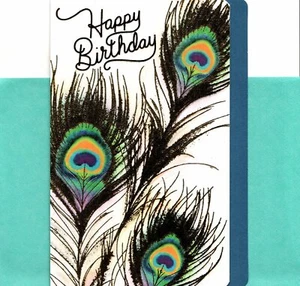 Happy Birthday Beautiful Blue & Gold Peacock Feathers Hallmark Greeting Card - Picture 1 of 3
