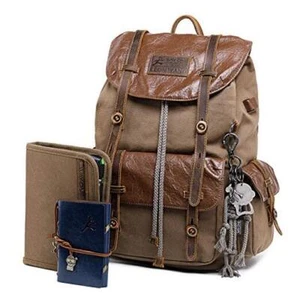 WAY ONE Premium Canvas and Leather Backpack Men Vintage Carry on Knapsack Brown - Picture 1 of 7