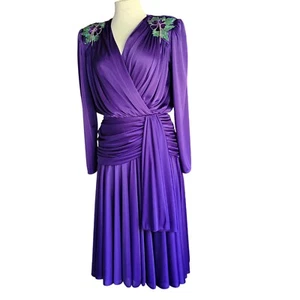 ABBY KENT Vintage 1980s Purple Formal Beads Size 8 Ruched Dress Long Sleeve USA. - Picture 1 of 24